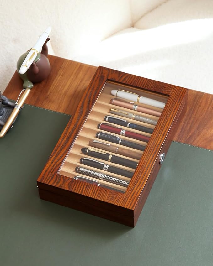 Fountain Pen Display Case with 12 Pens, Wood Pen Display Box, Lockable Pen Storage Box with Glass Top, Pen Box Organizer, Pen Collection Display Case (Brown with Camel Velvet) - Image 2