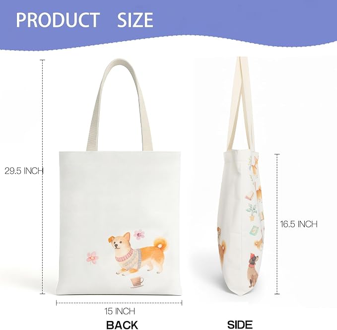 Printed Canvas Tote Bag Zipper Pocket & Magnetic Snap, Dog B | Versatile Hand Shoulder Carry, 15x16 Inch Large Large Capacity, for Work, Travel, Shopping - Image 3