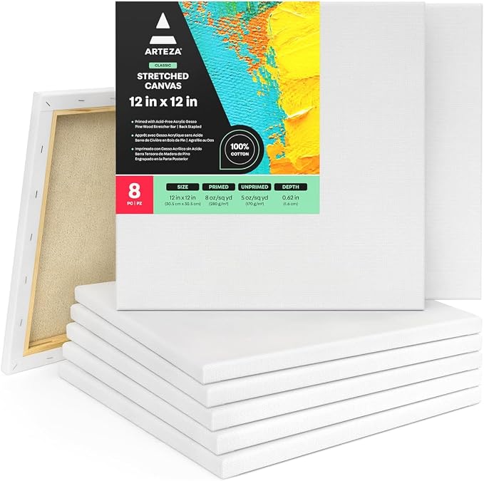 ARTEZA Stretched Canvas, 12 x 12 Inches, Pack of 8, Blank White Square Canvas for Painting for Acrylic, Oil and Gouache Paints by ARTEZA