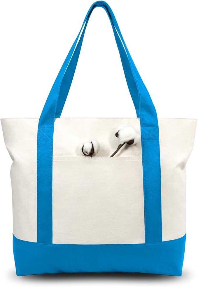 TOPDesign 1-Pack Canvas Tote Bag with an External Pocket, Reusable Grocery Shopping Bag, Top Zipper Closure, Daily Essentials (Ocean Blue/Natural) by TOPDesign