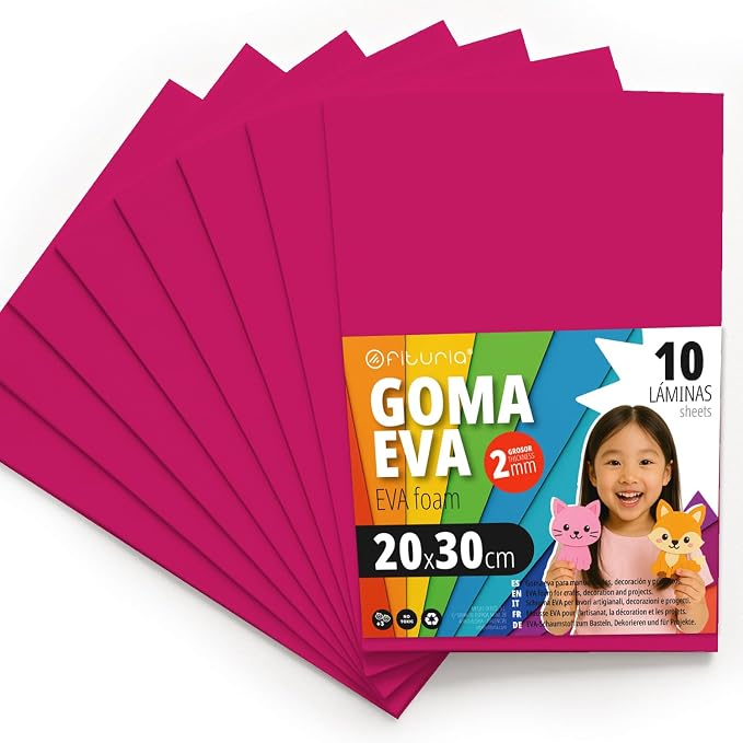 OFITURIA Foam Rubber for Crafts and School Projects, Coloured Foam Ideal for DIY, Decoration, Scrapbooking and Creative Projects, 20 x 30 cm (Fuchsia, Pack of 10) by OFITURIA