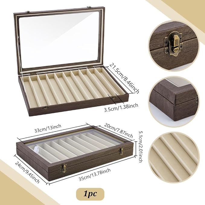 PH PandaHall 10 Slot Fountain Pen Display Box, 13.8″x9.5″x2″ Lockable Pen Storage Box Imitation Leather Pens Display Cases with Window Lid for Office Desk Pencil Holders, Coffee - Image 2