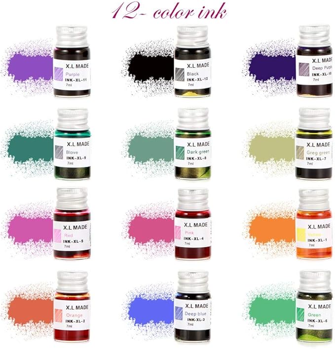 Thyggzjbs Handmade High Borosilicate Glass Glass Dip Pen Ink Set-Crystal Pen with 12 Colorful Inks for Art, Writing, Signatures, Calligraphy, Decoration, Gift (Colorful)