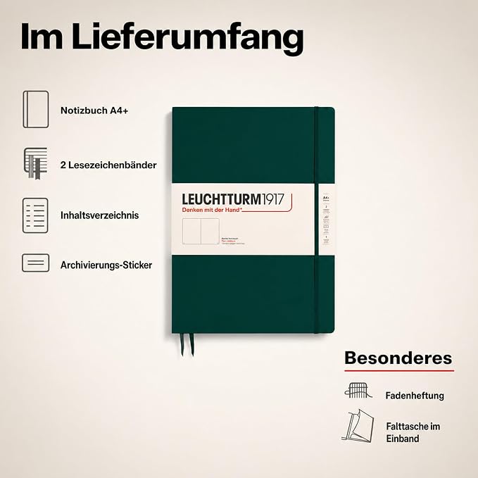LEUCHTTURM1917 - Notebook Hardcover Master Slim A4+ - 123 Numbered Pages for Writing and Journaling (Forest Green, Plain) - Image 8