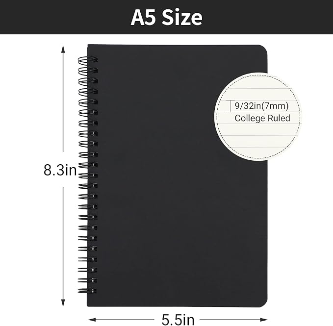 EUSOAR Spiral Notebook, A5 1pack 160 Pages 5.5"X8.3" Black College Ruled Hardcover Lined Travel Writing Subject Notebooks Journal, Memo Notepad Sketchbook, Students Office Business Diary Book Journal - Image 2