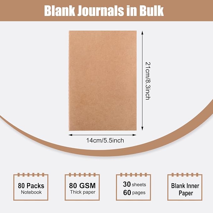 EOOUT 80pcs Kraft Notebooks for Kids, Blank Journals Bulk, Sketch Books, 60 Pages Composition Notebook, 80gsm, 8.3x5.5 Inches, Travel Journal Set, for Travelers, Students and Office Supplies - Image 2