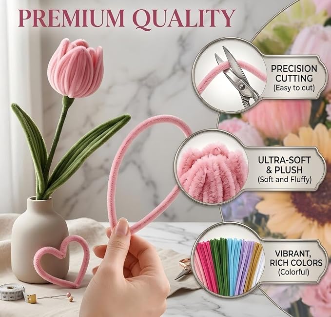 Zeniith-Living 800-Piece Pipe Cleaner Flower Kit, 12 Vibrant Colors | All-in-One Flower Craft kit, Step-by-Step Video Tutorial, Soft Bendable Stems, for Holidays, Gift and DIY Friendly - Image 4