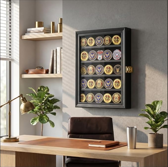Military Challenge Coin Display Case Lockable Cabinet Rack Holder Shadow Box with Removable 2 Grooves Shelves and Anti Dust Door for Casino Poker Chips Collectibles, Small - Black - Image 7