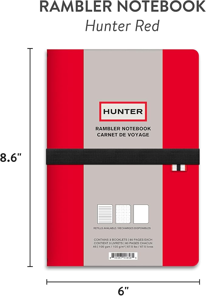 Hunter - Rambler Refillable Notebook, 8.6” X 6” Book with 3 A5 Booklets, 80 Pages Each of Lined Paper, Dot Grid, & Blank Pages for Drawing or Journaling, Elastic Band & Inside Pocket, Hunter Red - Image 4