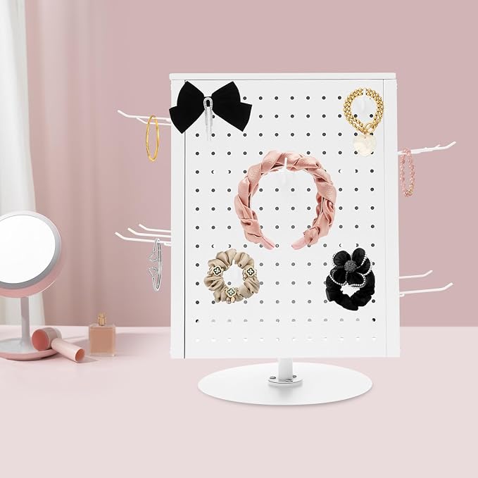 Pegboard Rotating Display Stand with 20 Hooks, 4 Sided Metal Spinning Peg Board Displays, Jewelry Earring Stands, Craft Keychain Rack, Necklace Holder for Retail Table Counter (White) - Image 2