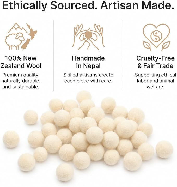 Glaciart One Wool Felt Balls, Felt Ball (60 Pieces) 2.5 Centimeters - 1 Inch, Handmade Felted Pure White Color - Bulk Small Puff for Felting and Garland - Image 3