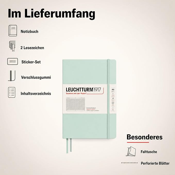 LEUCHTTURM1917 - Notebook Hardcover Medium A5-251 Numbered Pages for Writing and Journaling (Mint Green, Squared) - Image 8
