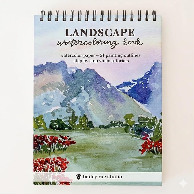 Bailey Rae Studio Landscape Watercolor Book - Adult Coloring Book for Watercolor Painting - 21 Easy Outlines on Premium Paper - Includes Video ... for Friends - Beginner Wilderness Outlines | 21 horizontal outlines for beginners, premium 140 pound wate... by BaileyRaeStudio