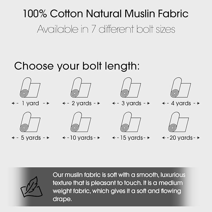 Pico Textiles 20 Yard Bolt Natural Cotton Muslin Fabric | 60" Wide, 100% Cotton, Unbleached, Perfect for Embroidery, Quilting, Drapes, Aprons, Sheets and Apparel, Sold by the Yard - Image 2
