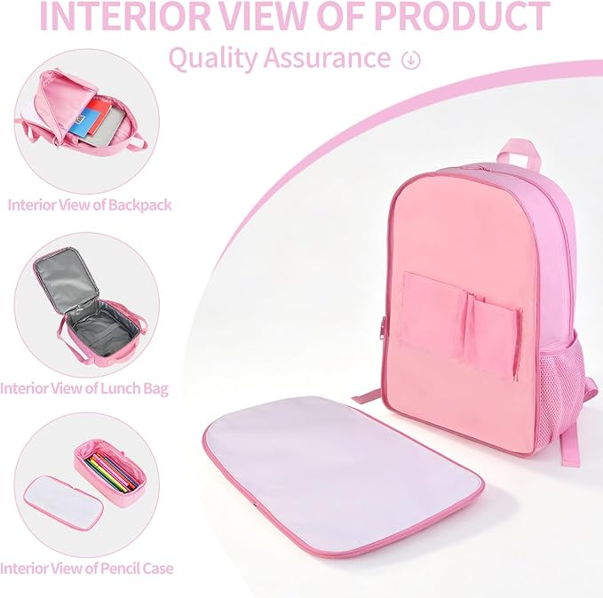 4Sets 16inch Sublimation Blank Backpack Lunch Bag Pencil Case Set for Children DIY Bookbag Cooler Bag Pencil Bag(pink) - Image 5