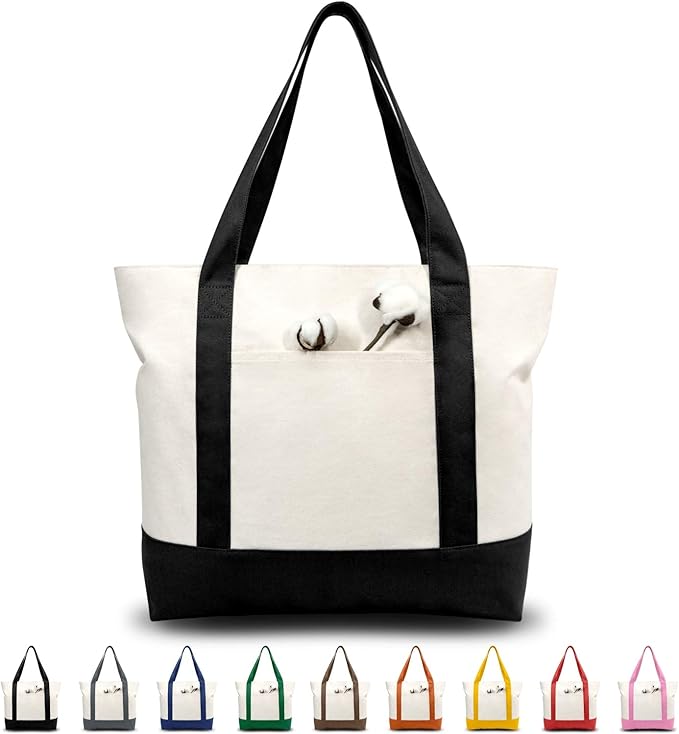 TOPDesign 1 | 3 | 6 | 30 Pack Canvas Tote Bag with an External Pocket, Reusable Grocery Shopping Bag, Top Zipper Closure, Daily Essentials (Black/Natural Pack of 1) by TOPDesign
