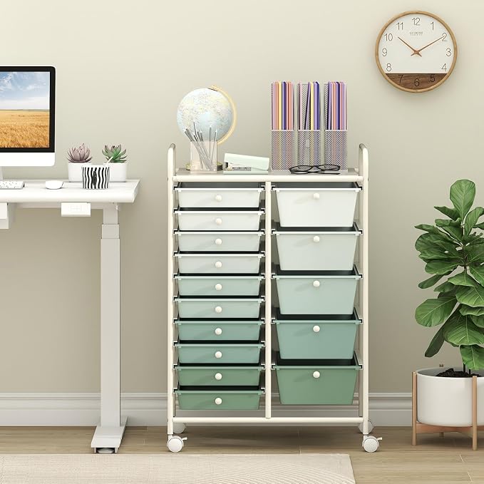 15 Drawer Rolling Storage Cart, Rolling Cart with Drawers for Classroom, Art Supply Craft Organizer on Wheel with Metal Frame & Handles for Home Office School (Gradient Green, 15 Drawer) - Image 2