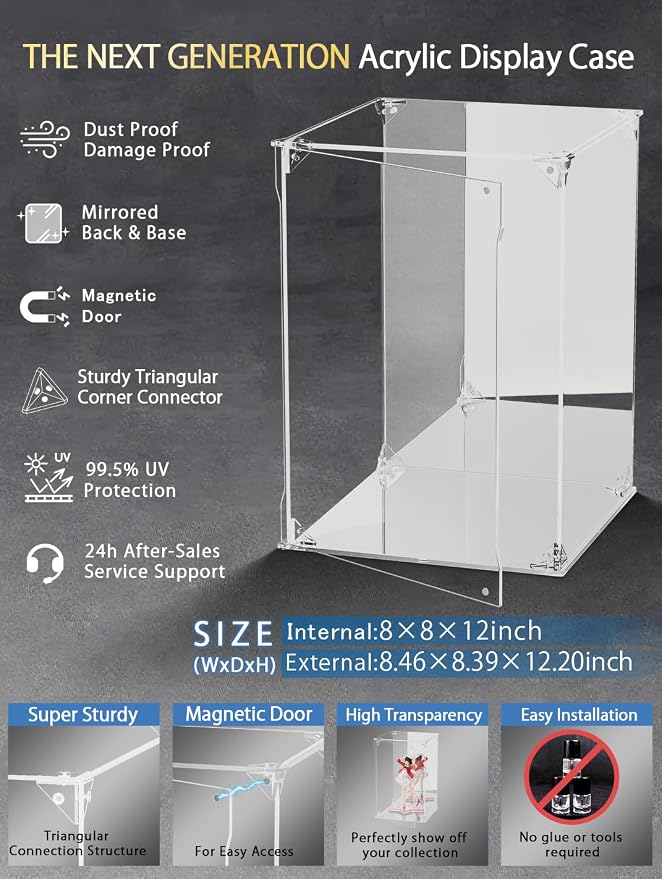 Clear Acrylic Display Case with Mirrored Back and Base, UV Protected Acrylic Box with Magnetic Door, Dustproof Display Box Showcase for Collectibles, Figures, Models, Toys (8x8x12inch) - Image 2
