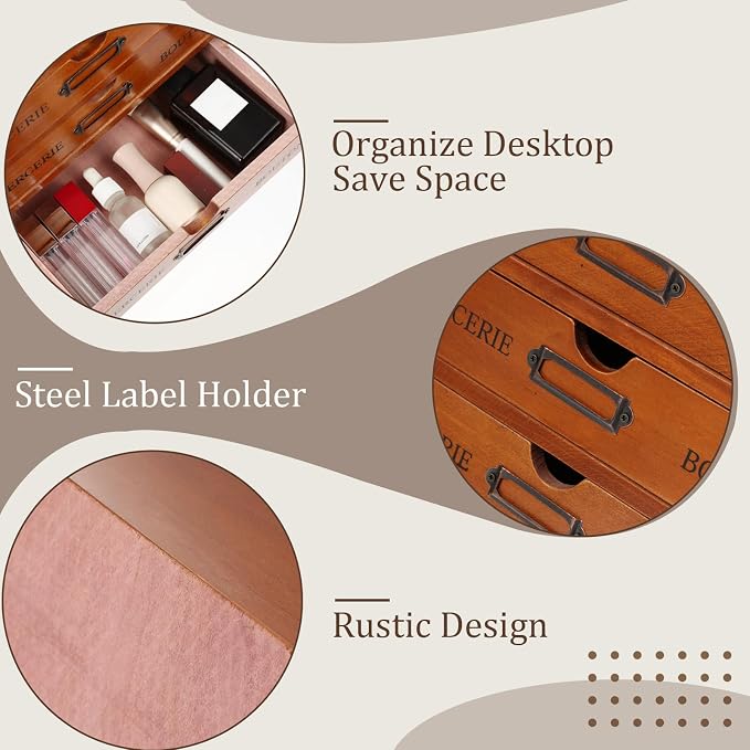 Wesiti Wooden Desk Organizer, 3 Drawers, Vintage Makeup Cabinet, Brown | Rustic Drawer Storage for Office, Home, Craft Room, Jewelry, Sewing Supplies, Apothecary Desktop Box, Pre-assembled Decor - Image 7