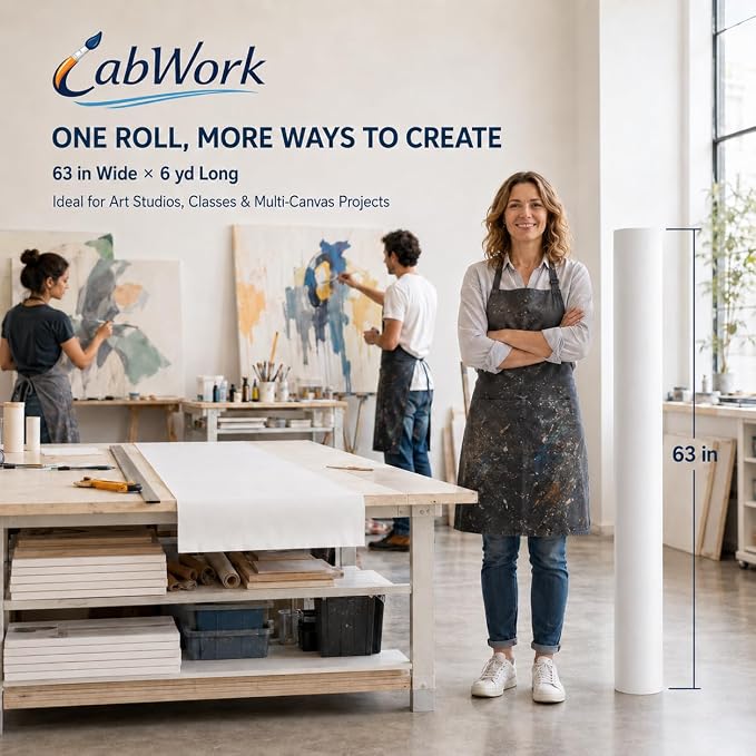 Large Primed Canvas Roll for Painting, 63 in x 6 yd, 10 oz Cotton | Acid-Free Triple Gesso, Oil and Acrylic Ready, 10-Piece Artist Brush Set Included, Cuttable for Custom Art Projects - Image 3