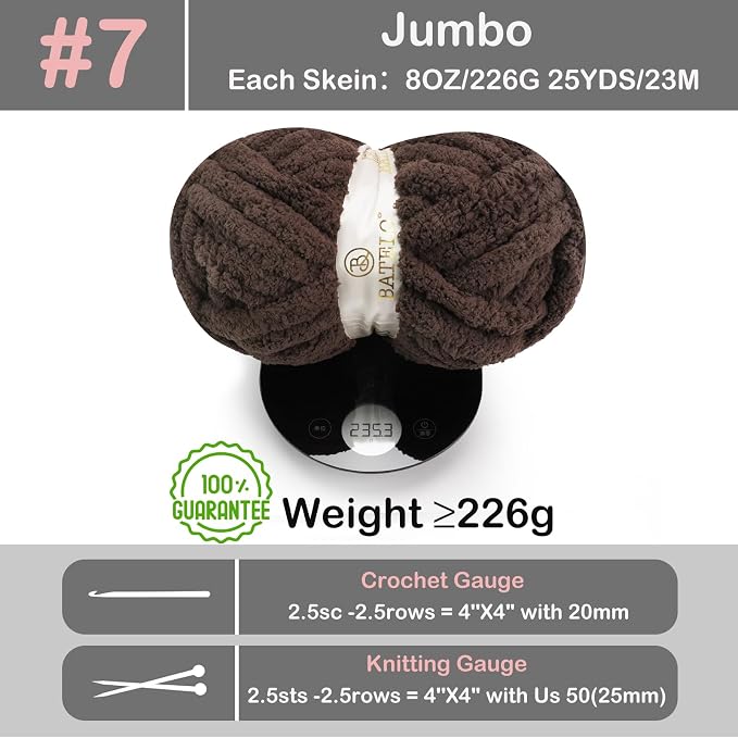 Chunky Yarn for Hand Knitting, Chunky Chenille Blanket Yarn for Crocheting, Bulky Soft Fluffy Chenille for Blanket Project, 8 Pack of 8oz/25yds, Dark Brown - Image 2