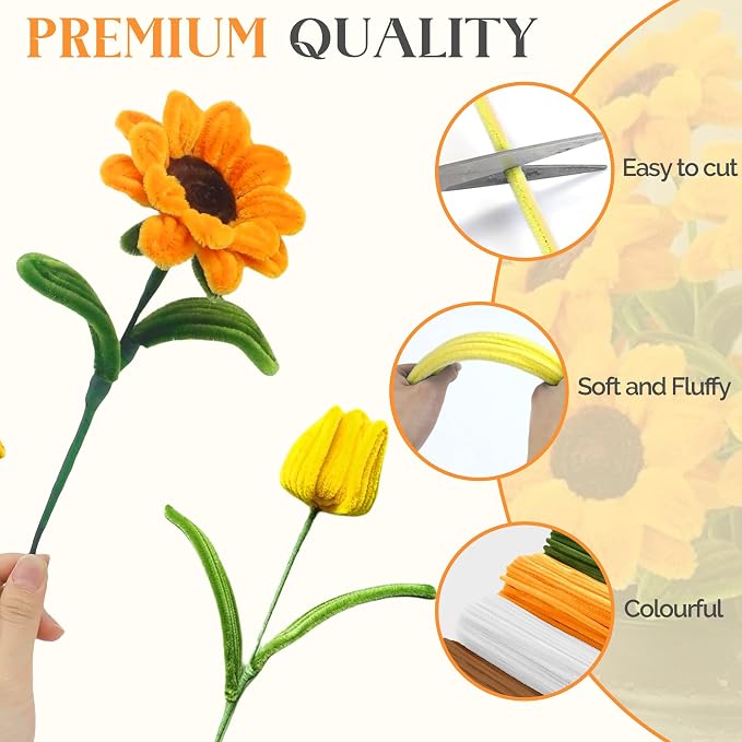 400 Pieces Chenille Stems Pipe Cleaners Craft Kit - Durable Yellow Pipe Cleaners for Crafts & Flowers, Complete DIY Pipe Cleaner Flower Kit for Kids, Ideal for School Projects & Gifts (Sunflower) - Image 3