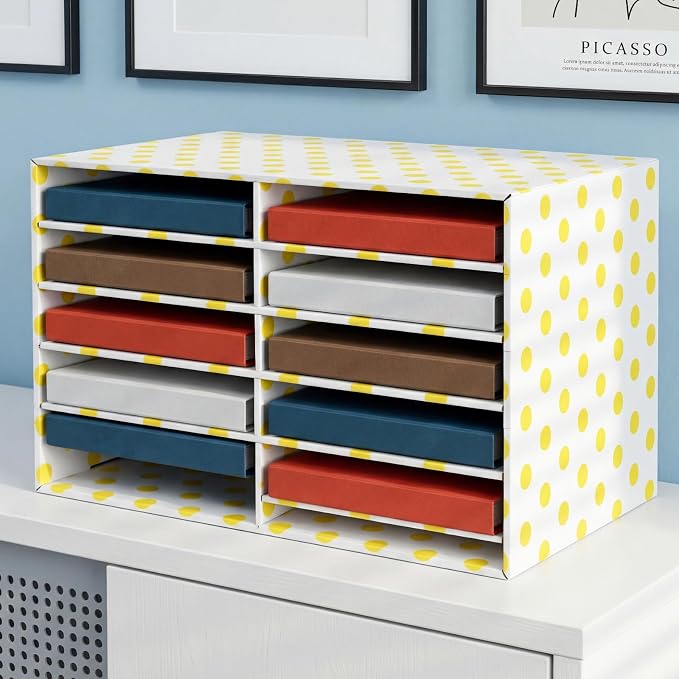 Eaasty 2 Pack 10 Slot Paper Storage Organizer, Back to School Construction Paper Holder for Office, Home, and School Use, 20.5 x 12.4 x 13.3 Inches (Polka Dots,Yellow) - Image 4