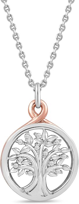 Jewelili 10K Rose Gold & Sterling Silver Diamond Tree Life Pendant Necklace | 18" Cable Chain with lobster Claw Clasp, Two tone Jewelry for Women, Fine Jewelry with Gift Box by Jewelili