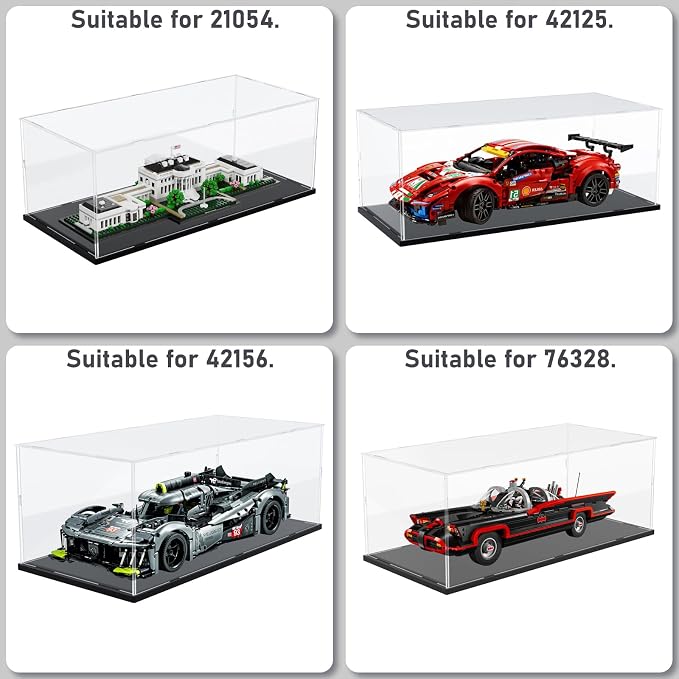 Choowin Acrylic Display Case for Lego Classic Batmobile 76328 Peugeot 42156 Ferrari 42125 for Lego Car Display Thickened Clear Acrylic Display Cases for Collectibles Assemble Dustproof Box(Black Base) - Image 3