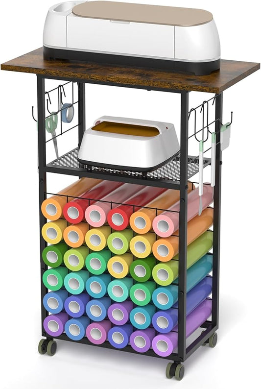ikkle Craft Storage Cart with 36 Vinyl Organizer Craft Organizers and Storage Compatible with Cricut Machines, Wooden Crafting Table Workstation with Wheels for Craft, Brown