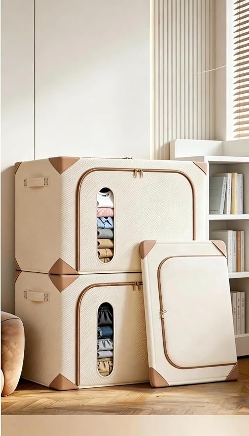 Clothes Storage Bins with Metal Frame&Leather Fringe&Clear Window, Washable Oxford Fabric Bins, , Stackable foldable Closet Organizers Sweater Comforter Storage(3 pcs,Beige,66L) (Double Styles) - Image 8