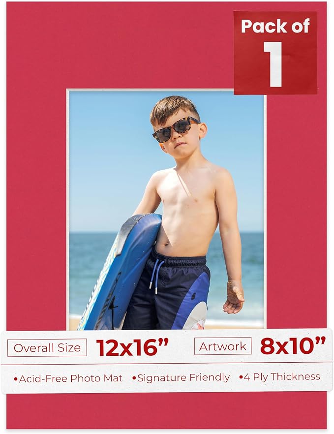 8x10 Mat for 12x16 Frame - Precut Mat Board Acid-Free Show Kit with Backing Board, and Clear Bags Deep Red 8x10 Photo Matte Made to Fit a 12x16 Picture Frame Matboard for Framing, Pack of 1 Mat by PosterPalooza