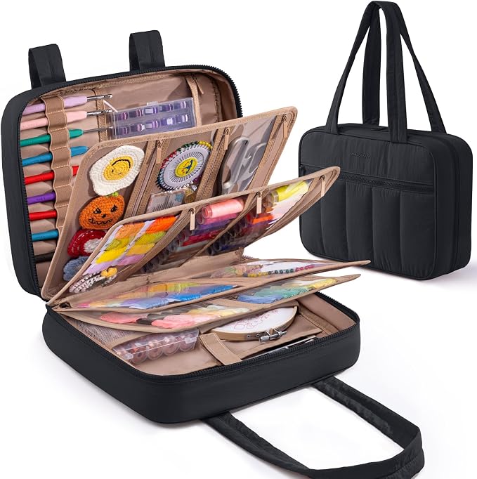 AMOIGEE Sewing Supplies Organizer Bag, Large Craft Storage Tote with 17 Clear Pockets&Tool Holders, Portable Crochet Knitting Embroidery Organizer Case for Threads, Hooks, Needles & Sewing Accessories by AMOIGEE