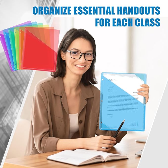 Seajan 24 Pcs Pocket Folders for 3 Ring Binder Clear Plastic Folders Sleeves with 2 Pockets 3 Hole Punch Binder Dividers Poly Slash File Jackets for Office School Document Organizer (Multicolor) - Image 6