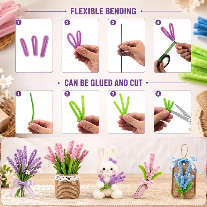 Peryiter 3600 Pcs 12 Inch Craft Pipe Cleaners Fluffy Chenille Stems Bulk with 50 Flower Stems 4 Tape and 350 Stamens for DIY Art Projects Creative Gift Wrapping Party Decorations (Macaron Color) - Image 3