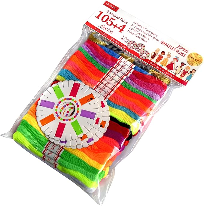 Embroidery Floss Rainbow Color 109 Skeins Per Pack Cross Stitch Threads Friendship Bracelets Floss Crafts Floss with 3 Weaved Plate（105 pcs Embroidery Floss +4 Metallic Embroidery Thread by LE+PAON