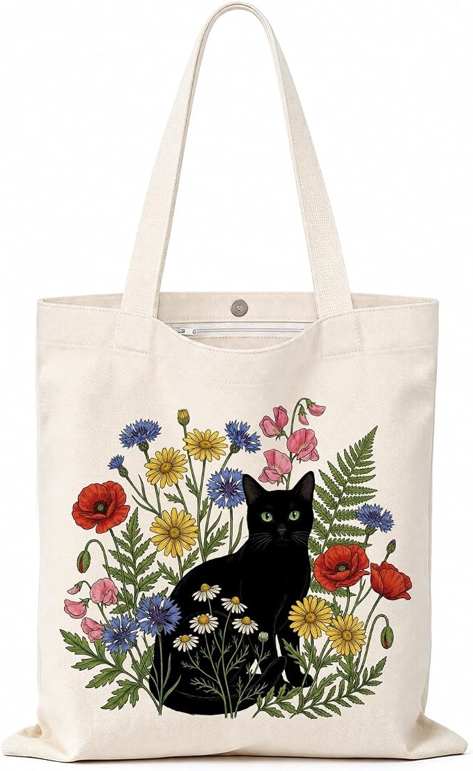 Printed Canvas Tote Bag Zipper Pocket & Magnetic Snap, Cat C | Versatile Hand Shoulder Carry, 15x16 Inch Large Large Capacity, for Work, Travel, Shopping by MOLOVACase