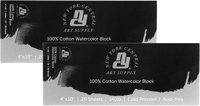 New York Central 100% Cotton Watercolor Paper Blocks 2 Pack 140lb 4x10 - Cold Press Acid-Free Premium Watercolor Paper for Artists, Painting, Water Media, Professionals, & More by NewYorkCentral
