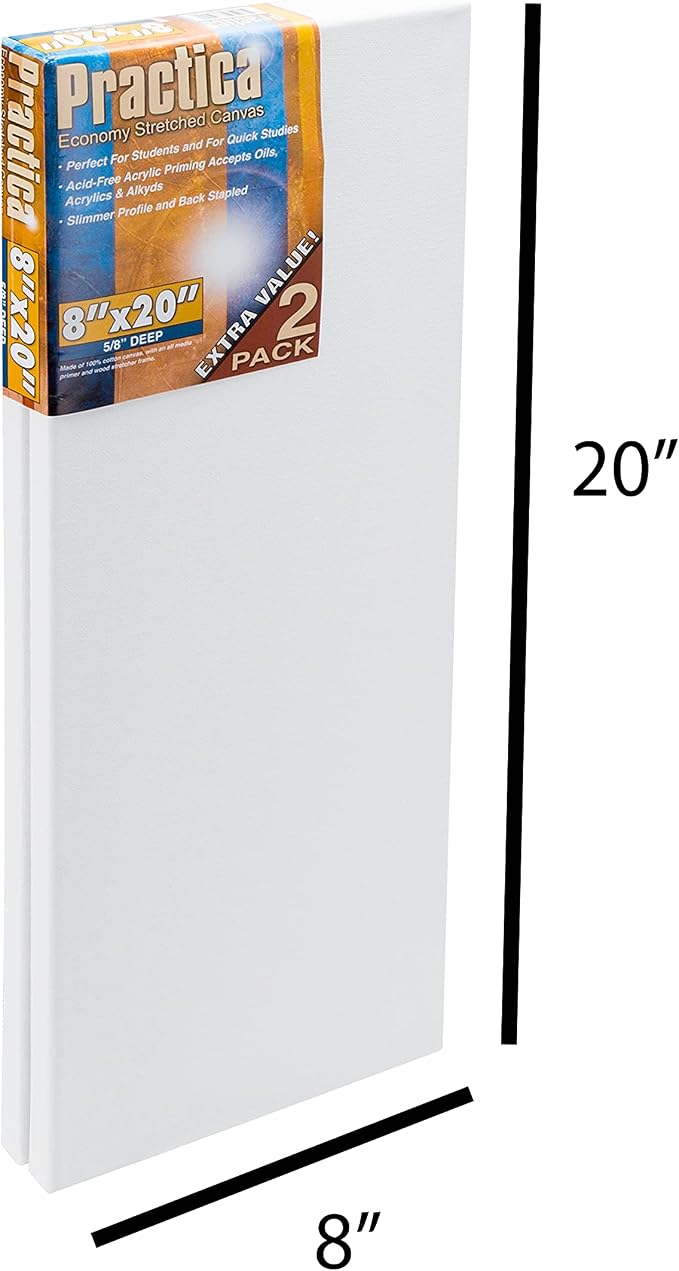 Practica Economy Stretched Cotton Canvas 20-Pack, 8x20 - Acid-Free Acrylic Primed Canvas for Acrylics, Pastels, Graphite, & More! - Image 2