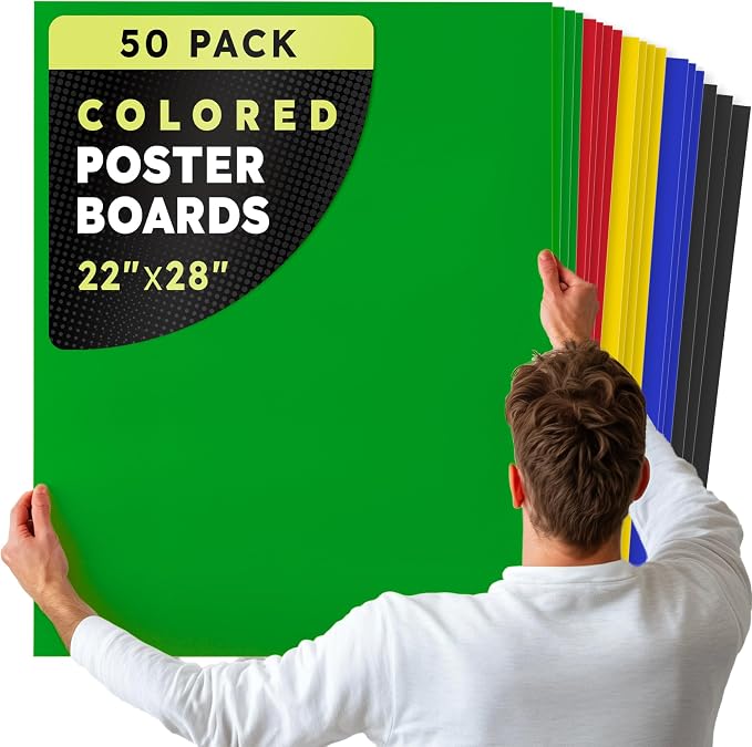 Hygloss Large Colored Poster Board 22x28-50 Assorted Standard Color Bulk Pack - Red, Yellow, Green, Blue, Black - 10 Pt. Thickness Poster Board Paper - Posterboard Multipack 22" x 28" by HyglossProductsInc