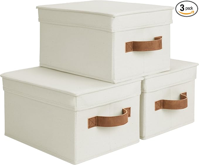 StorageWorks Storage Bins with Lids, Decorative Storage Boxes with Lid and PU Handles, Foldable Storage Baskets for Closet, Shelves, Stackable, Ivory, Medium, 3-Pack | Lidded Dust-proof, Easy Pull Handles, Foldable, Stackable, Ideal for Clothes Blanket... by StorageWorks