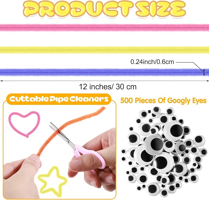 Leitee 2500 Pcs Pipe Cleaners Craft Supplies Googly Eyes Kit Creative Crafts and Arts 2000 Chenille Stems 500 Wiggle Eyes DIY Crafting(Mixed Colors) - Image 2