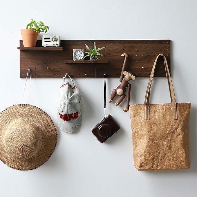 Wooden Pegboard, Sturdy Peg Board for WallsModular Grid Organizer, DlY Storage and Display Panels withShelves and Brass Hooks(Wainut Color)