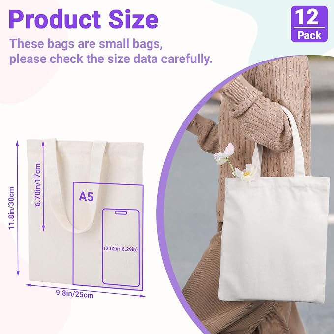 Segarty Blank Canvas Tote Bag, 12 Pack 9.8x11.8 Small Tote Bags for Women, Reusable Plaid Tote Bag Bulk with Natural Cotton for DIY, Birthday Parties, Bridal Gifts, Goodie, Christmas Celebrations - Image 2