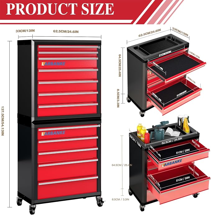 12-Drawer Rolling Tool Chest with Wheels,Lockable Tool Cabinet | 360° Swivel Castors, Drawer Liner,Multifunctional Waterproof Top, Connect Rods for Combination with Similar Tool Cabinets - Image 2