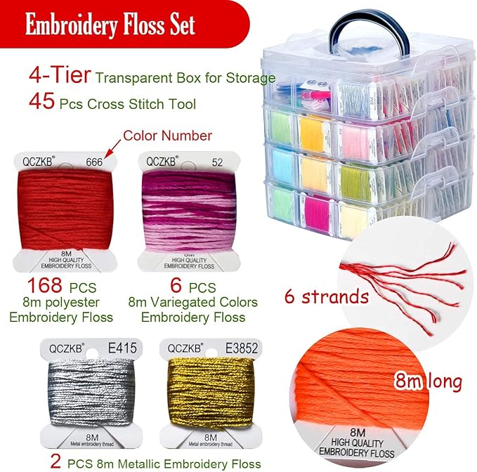176 PCS Embroidery Floss Set, Complete Set of Tools kit, 4-Tier Organizer Storage Box - Image 6