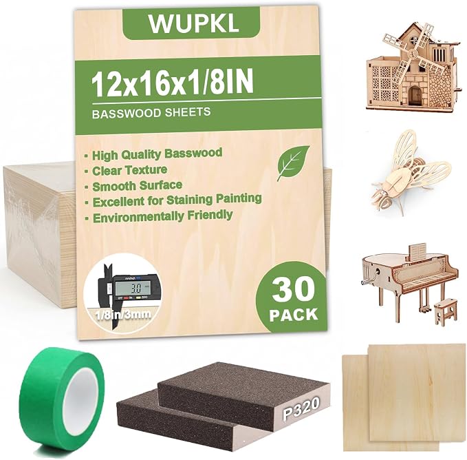 30 Pack Basswood Sheets 1/8 x 16 x 12 Inch for Laser Cutting | Unfinished 3mm wood boards for laser cutting, engraving, wood burning, and DIY crafts. Ideal for models and creative projects by WUPKL