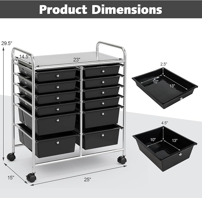 DREAMADE Rolling Cart with Storage Drawers, Utility Cart with Removable Plastic Drawers, Lockable Wheels, Art Cart for Classroom Organization Art Supplies Office Scrapbook (12 Drawers, Black) - Image 3