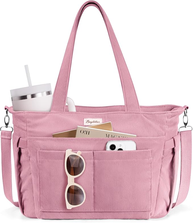 Bagstellar Corduroy Tote Bag for Women, 17 Pockets Laptop Work Tote Purse | Large 15.6” Computer Bag w/ 40oz Cup Holder & Strap, Zipper Teacher Nurse Bible Shoulder Bag for School Travel College Office by Bagstellar