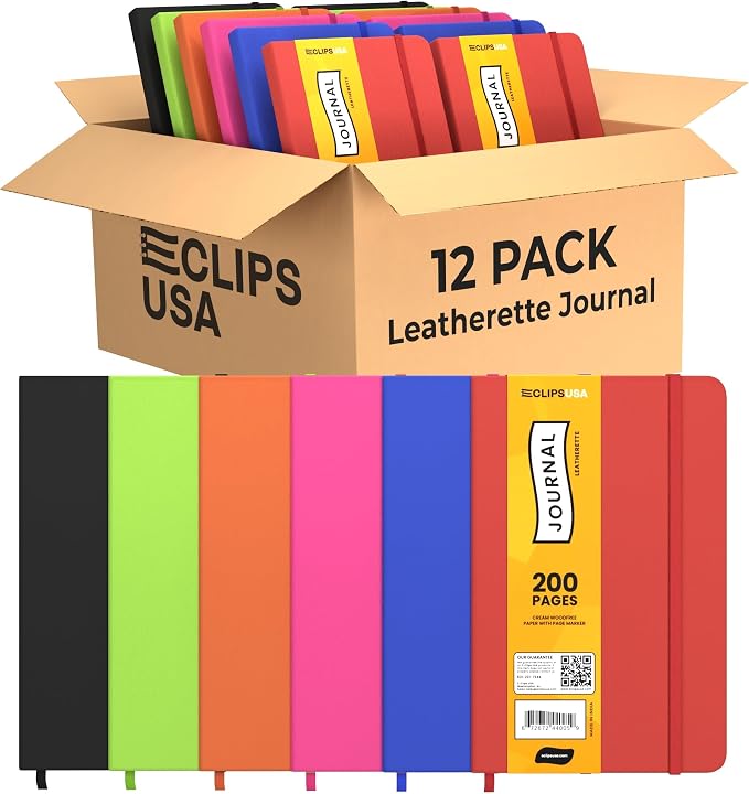 Journal, Journal For Women & Men, Journaling Notebooks, Writing Journal, Lined Journal, Leatherette Cover, Bookmark Ribbon, Elastic Closure Band, Woodfree Paper, 5” x 8” (12 Pack) by E-CLIPSUSA